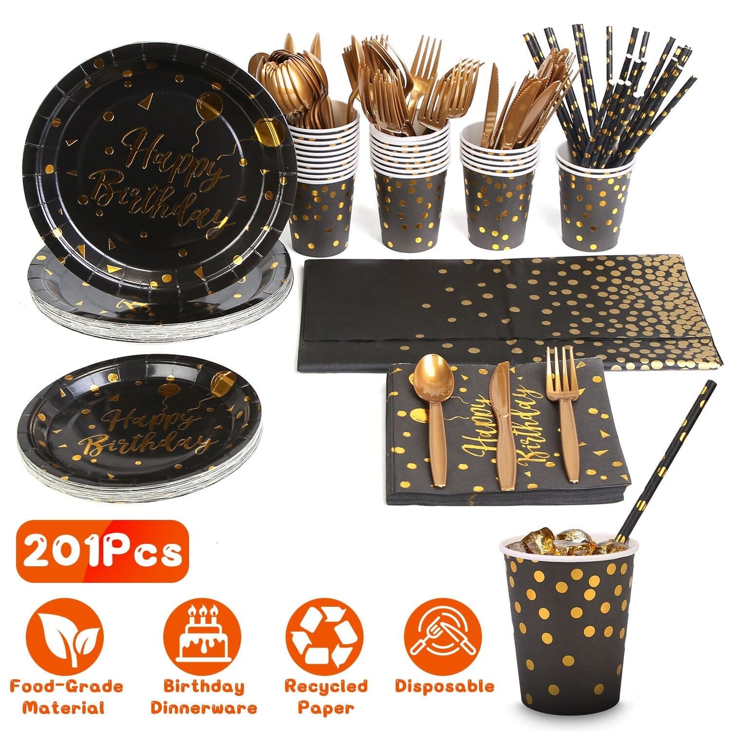 Skorter | 201 Pieces: Black Gold Disposable Tableware Set