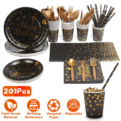 Skorter | 201 Pieces: Black Gold Disposable Tableware Set
