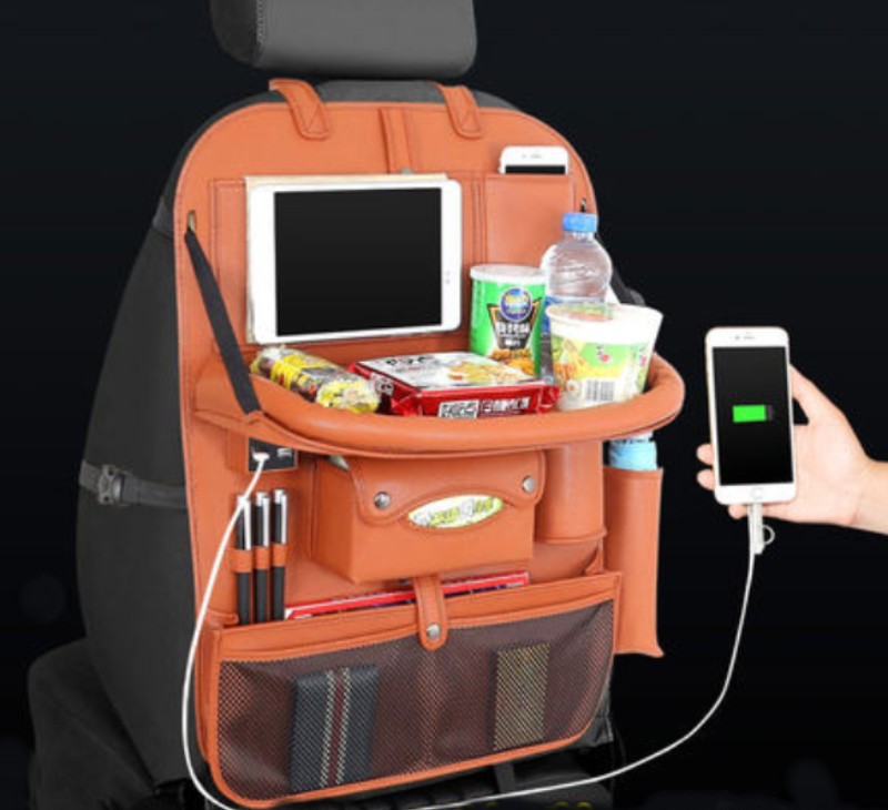 Skorter | Multifunctional Car Seat Back Large Capacity Storage Bag with 4 USB Charging Ports, Retractable Tray, Tablet Holder, Tissue Storage, Cup Holder, Large Storage Bag and More