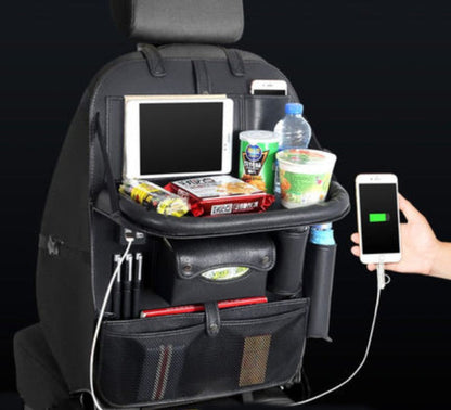 Skorter | Multifunctional Car Seat Back Large Capacity Storage Bag with 4 USB Charging Ports, Retractable Tray, Tablet Holder, Tissue Storage, Cup Holder, Large Storage Bag and More