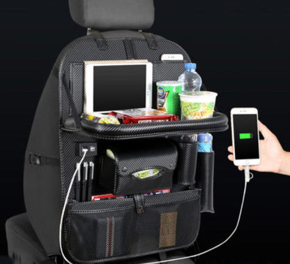 Skorter | Multifunctional Car Seat Back Large Capacity Storage Bag with 4 USB Charging Ports, Retractable Tray, Tablet Holder, Tissue Storage, Cup Holder, Large Storage Bag and More