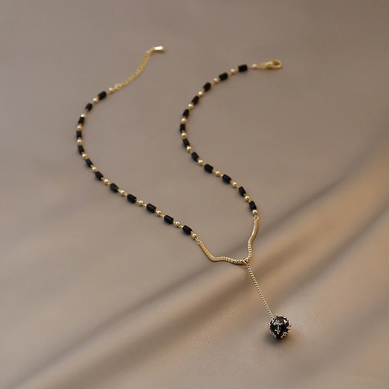 Skorter | Gothic Vibe Black Beaded Chain Necklace With Long Drop Ball Charm