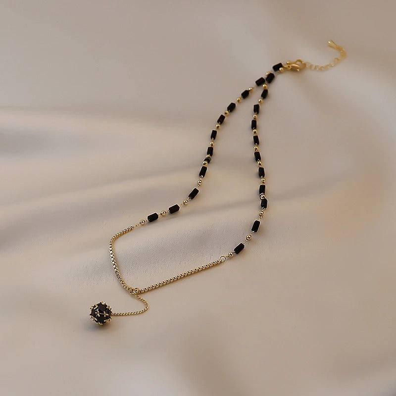 Skorter | Gothic Vibe Black Beaded Chain Necklace With Long Drop Ball Charm