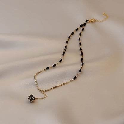 Skorter | Gothic Vibe Black Beaded Chain Necklace With Long Drop Ball Charm