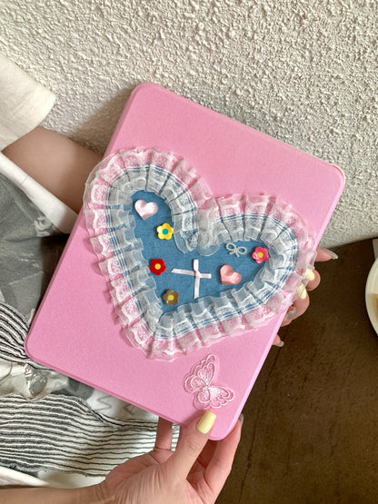 Skorter | Cute pink iPad case with heart lace design – Floral stand case