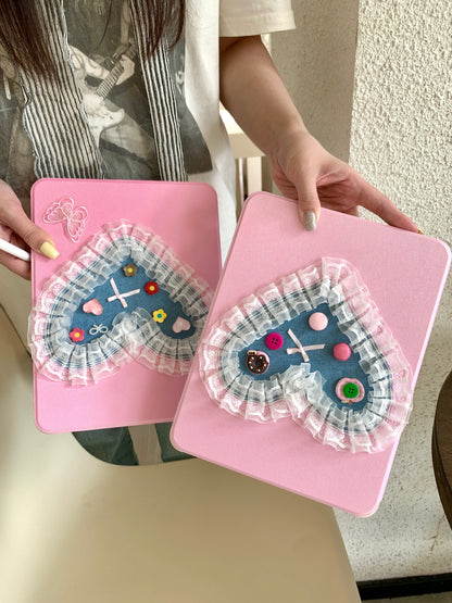 Skorter | Cute pink iPad case with heart lace design – Floral stand case