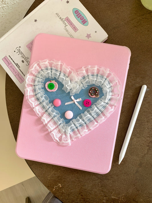 Skorter | Cute pink iPad case with heart lace design – Floral stand case