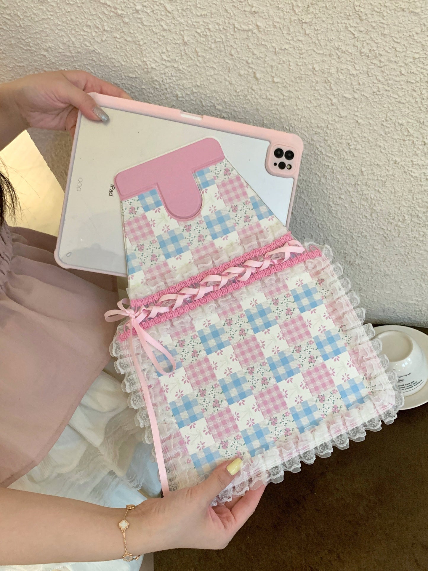 Skorter | Pastel Gingham Lace iPad Case – Pink & Blue Flower Stand Cover with Ruffle Hem