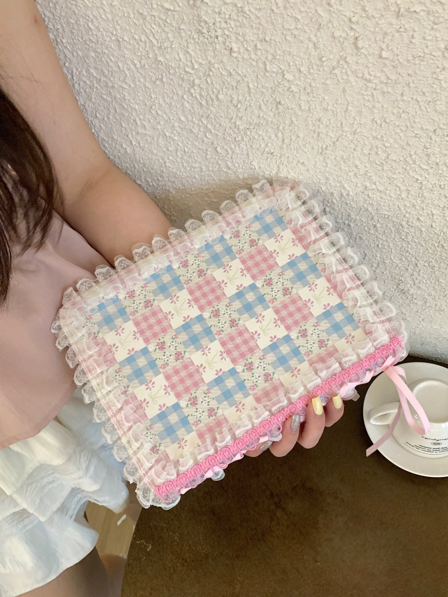 Skorter | Pastel Gingham Lace iPad Case – Pink & Blue Flower Stand Cover with Ruffle Hem