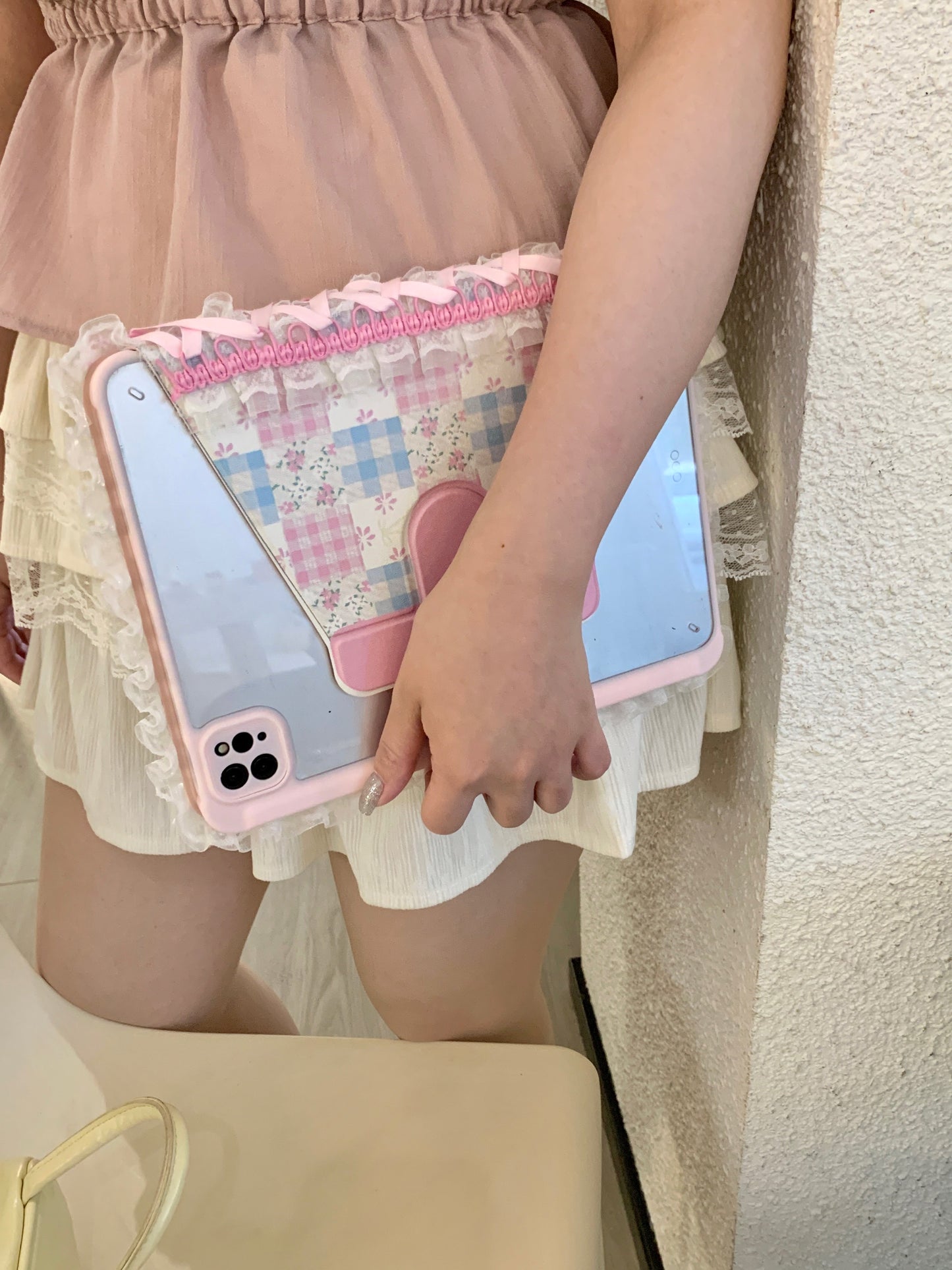 Skorter | Pastel Gingham Lace iPad Case – Pink & Blue Flower Stand Cover with Ruffle Hem