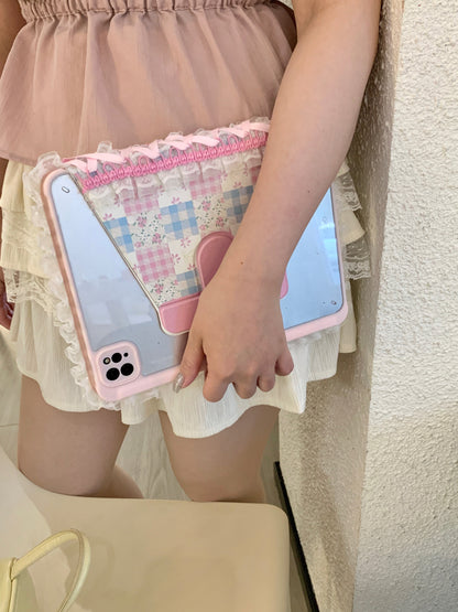 Skorter | Pastel Gingham Lace iPad Case – Pink & Blue Flower Stand Cover with Ruffle Hem