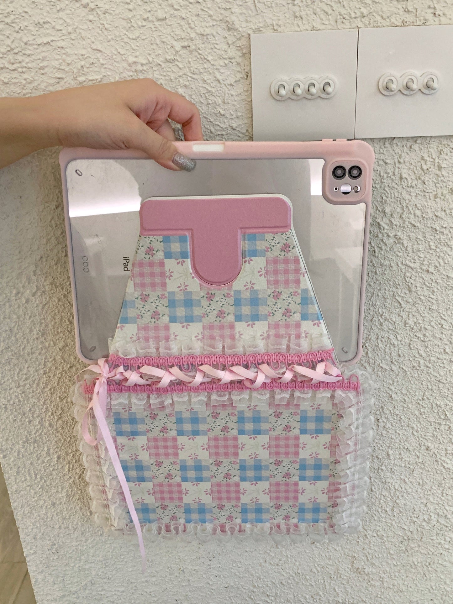 Skorter | Pastel Gingham Lace iPad Case – Pink & Blue Flower Stand Cover with Ruffle Hem