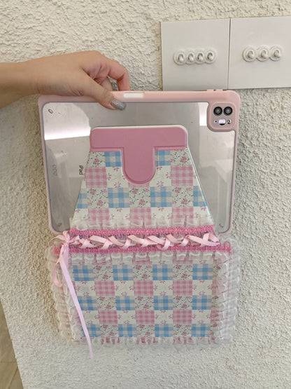 Skorter | Pastel Gingham Lace iPad Case – Pink & Blue Flower Stand Cover with Ruffle Hem