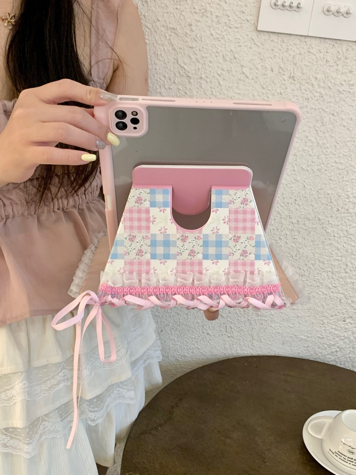 Skorter | Pastel Gingham Lace iPad Case – Pink & Blue Flower Stand Cover with Ruffle Hem