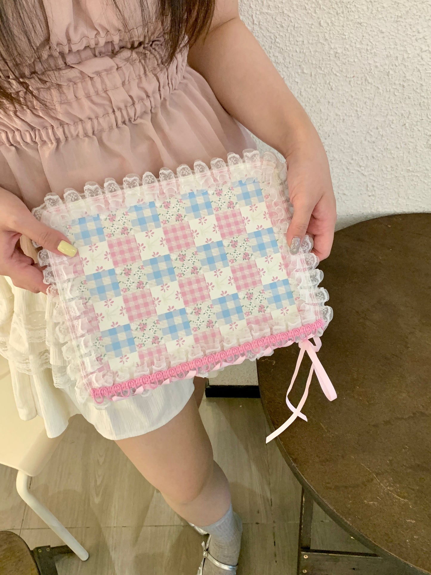 Skorter | Pastel Gingham Lace iPad Case – Pink & Blue Flower Stand Cover with Ruffle Hem