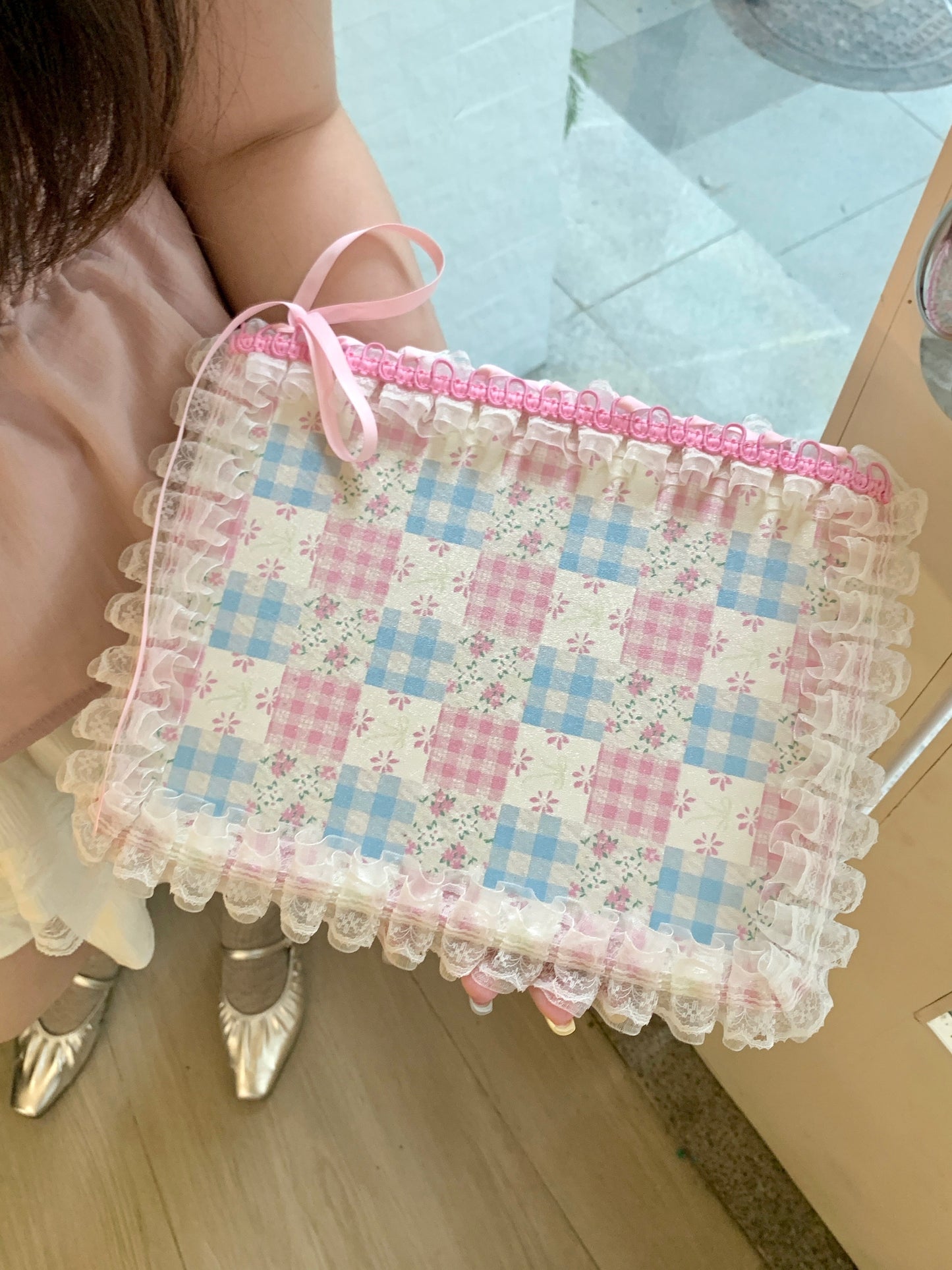 Skorter | Pastel Gingham Lace iPad Case – Pink & Blue Flower Stand Cover with Ruffle Hem