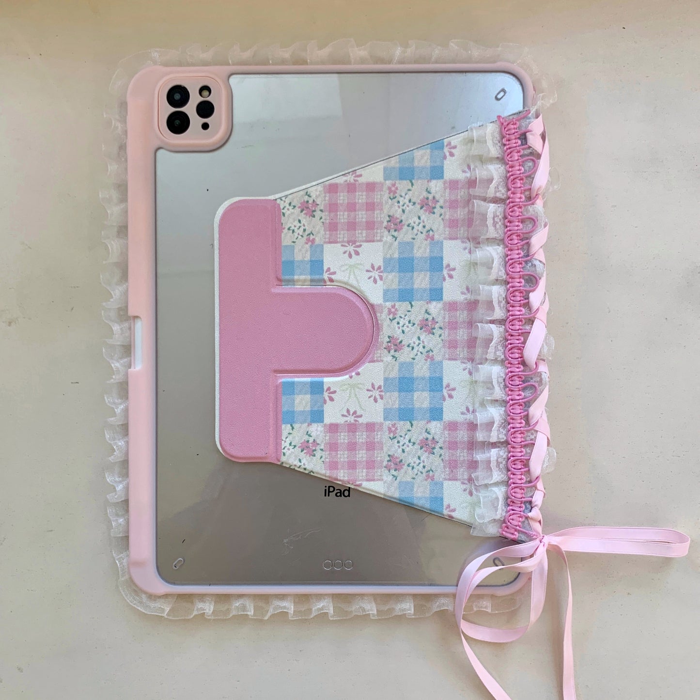 Skorter | Pastel Gingham Lace iPad Case – Pink & Blue Flower Stand Cover with Ruffle Hem