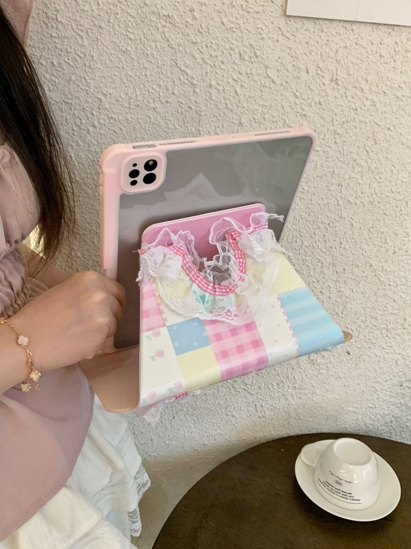 Skorter | Pastel Patchwork Lace iPad Case – Sweet Bows, Stand Case