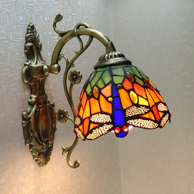 Skorter | Hand-cut Glass Dragonfly Wall Lamp Tiffany Style 1 Light Wall Mounted Light Fixture with Carved Backplate