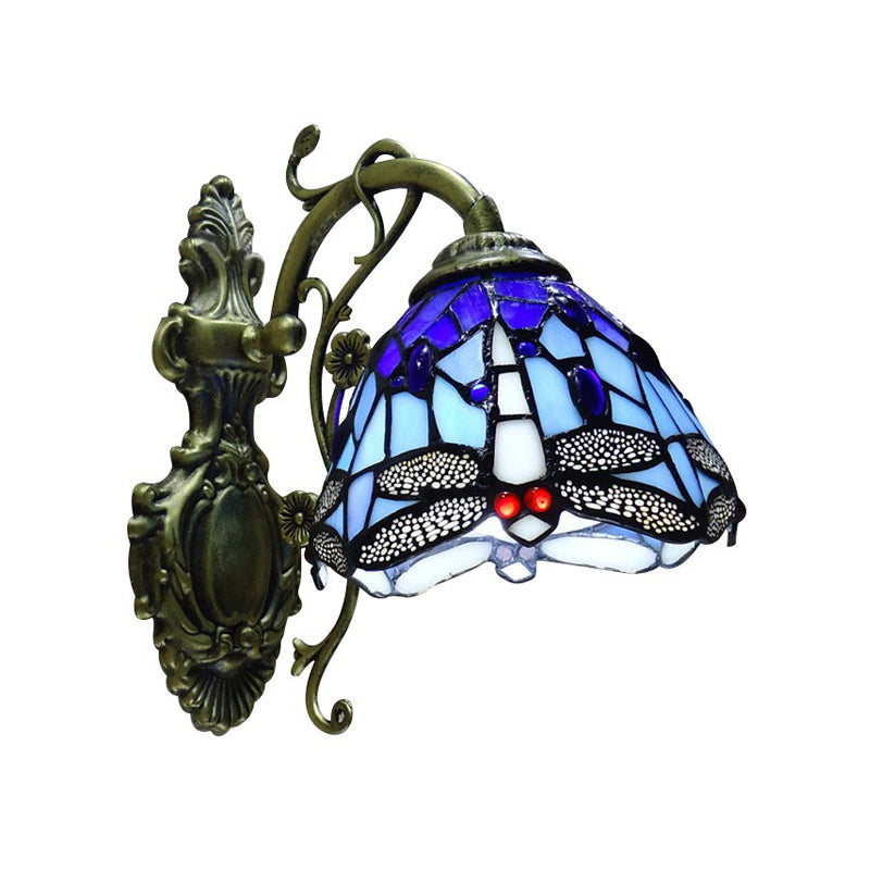 Skorter | Hand-cut Glass Dragonfly Wall Lamp Tiffany Style 1 Light Wall Mounted Light Fixture with Carved Backplate