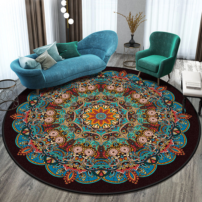 Skorter | Bohemian Living Room Rug Multicolored Mandala Rug Polyester Stain Resistant Washable Non-Slip Backing Rug for Hallway