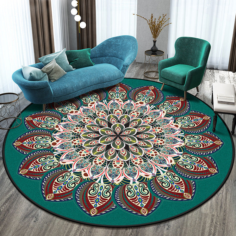 Skorter | Bohemian Living Room Rug Multicolored Mandala Rug Polyester Stain Resistant Washable Non-Slip Backing Rug for Hallway