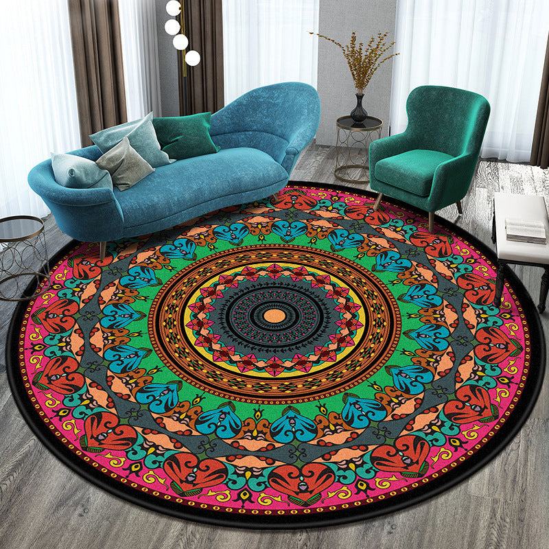 Skorter | Bohemian Living Room Rug Multicolored Mandala Rug Polyester Stain Resistant Washable Non-Slip Backing Rug for Hallway