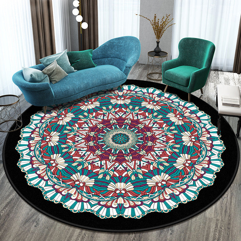 Skorter | Bohemian Living Room Rug Multicolored Mandala Rug Polyester Stain Resistant Washable Non-Slip Backing Rug for Hallway