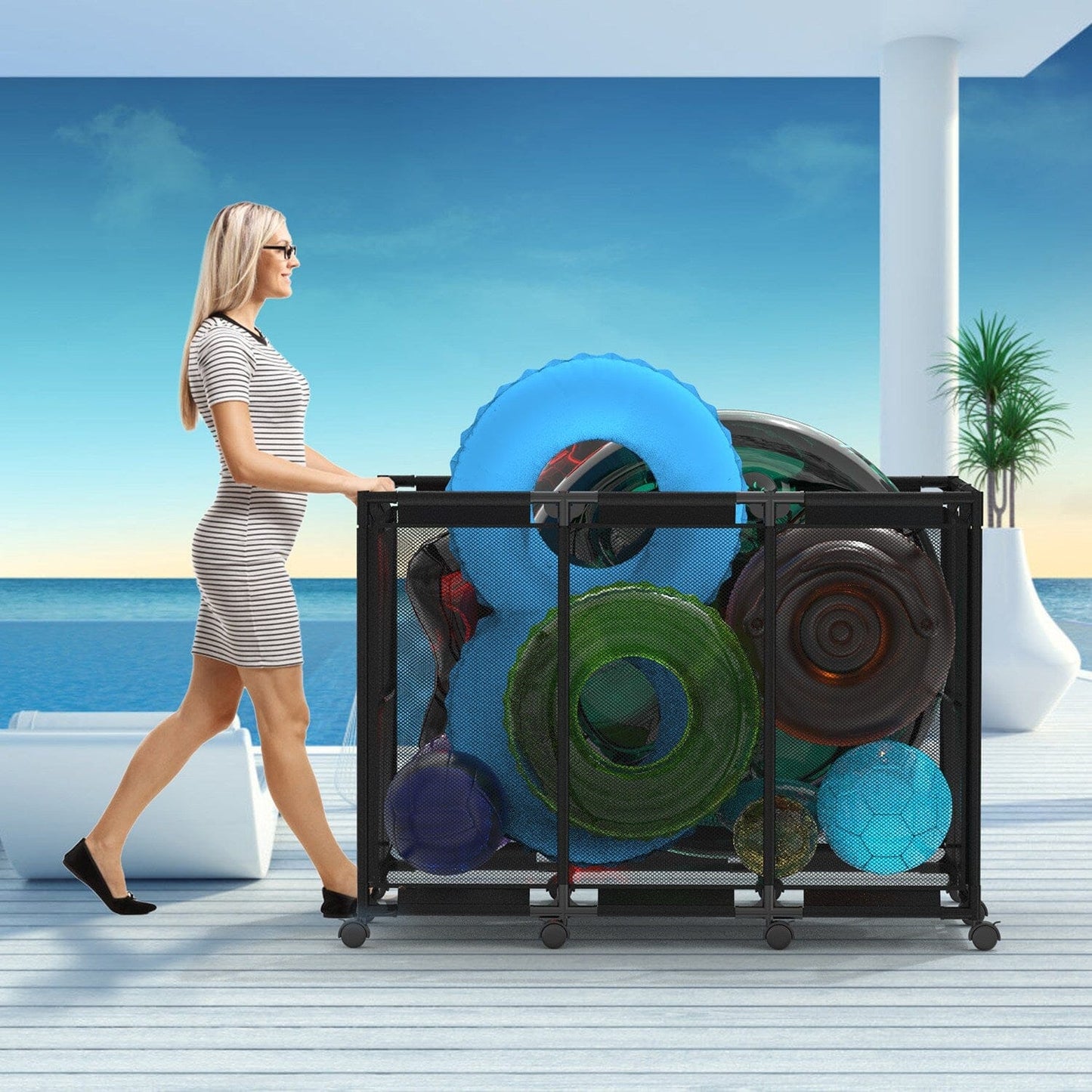 Skorter | 210 Gallon Pool Storage Bin Organizer Rolling Net Storage Basket with Lockable Wheel