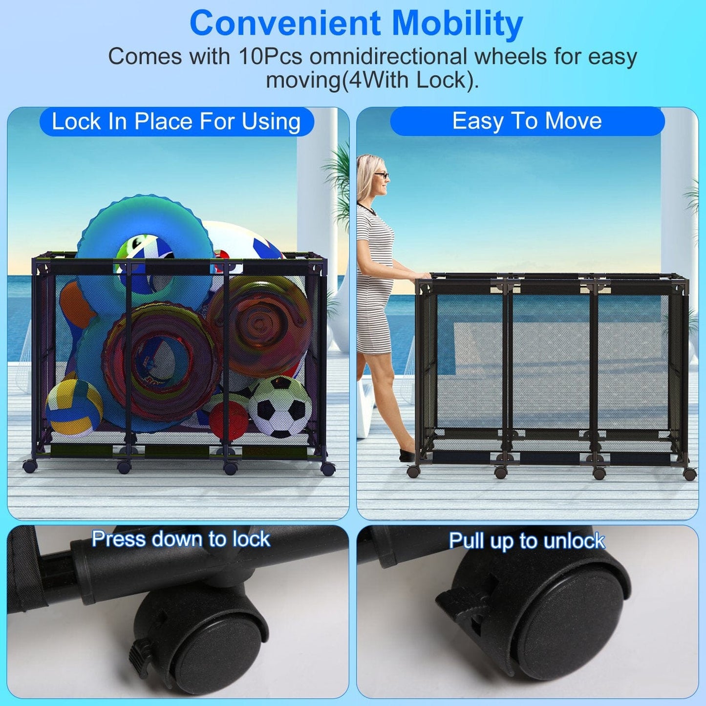 Skorter | 210 Gallon Pool Storage Bin Organizer Rolling Net Storage Basket with Lockable Wheel