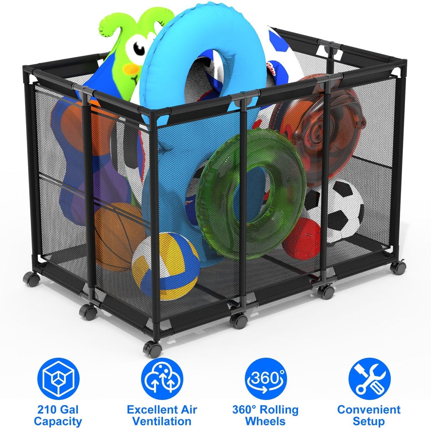 Skorter | 210 Gallon Pool Storage Bin Organizer Rolling Net Storage Basket with Lockable Wheel