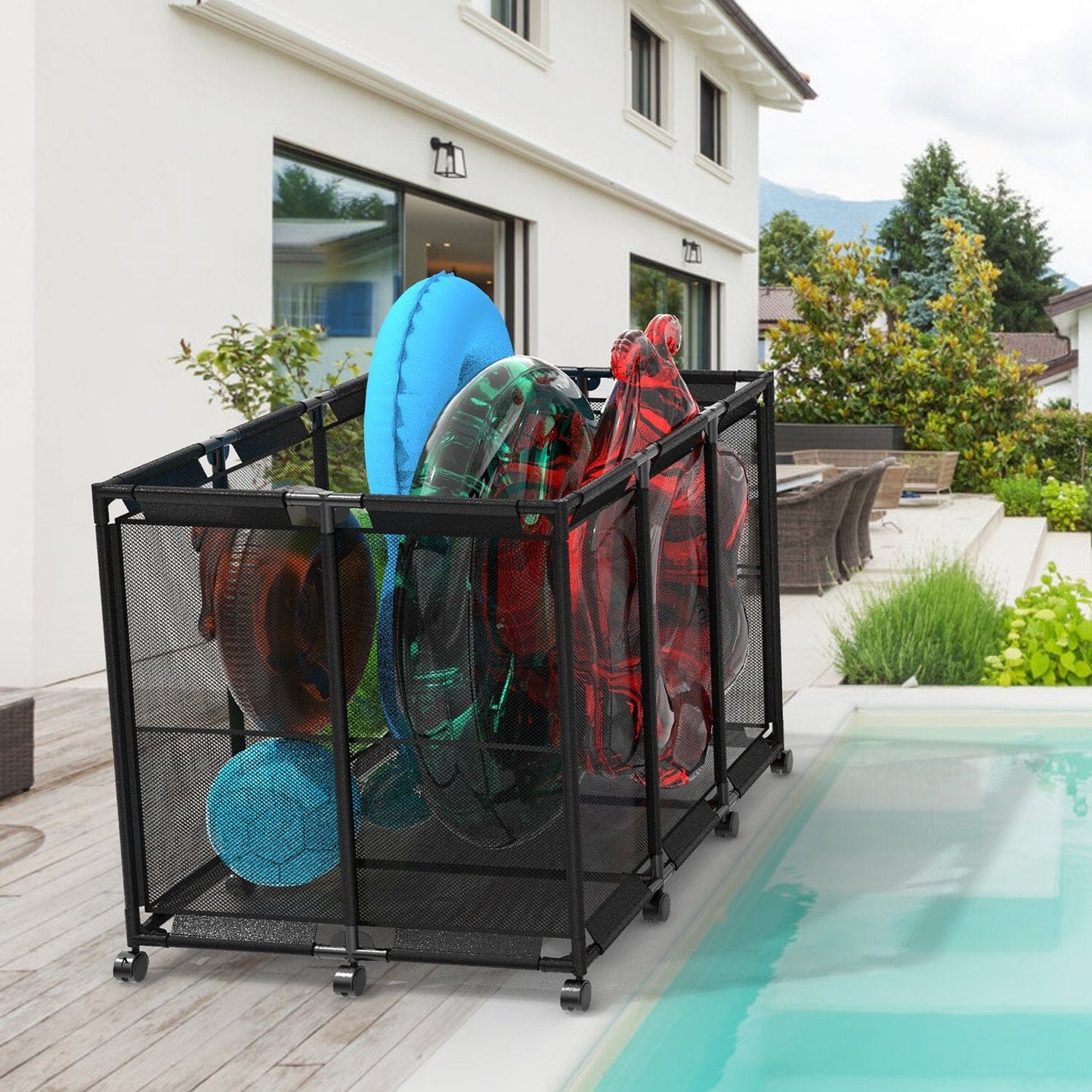 Skorter | 210 Gallon Pool Storage Bin Organizer Rolling Net Storage Basket with Lockable Wheel