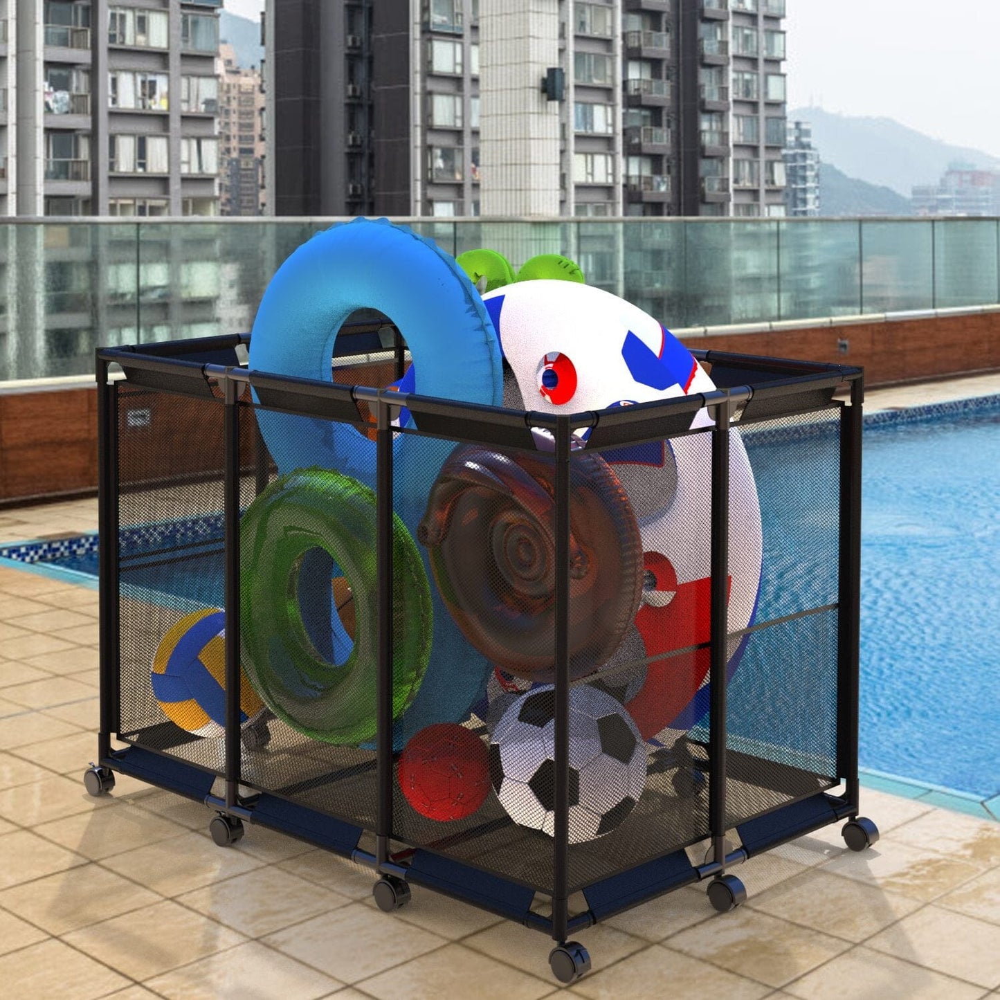 Skorter | 210 Gallon Pool Storage Bin Organizer Rolling Net Storage Basket with Lockable Wheel