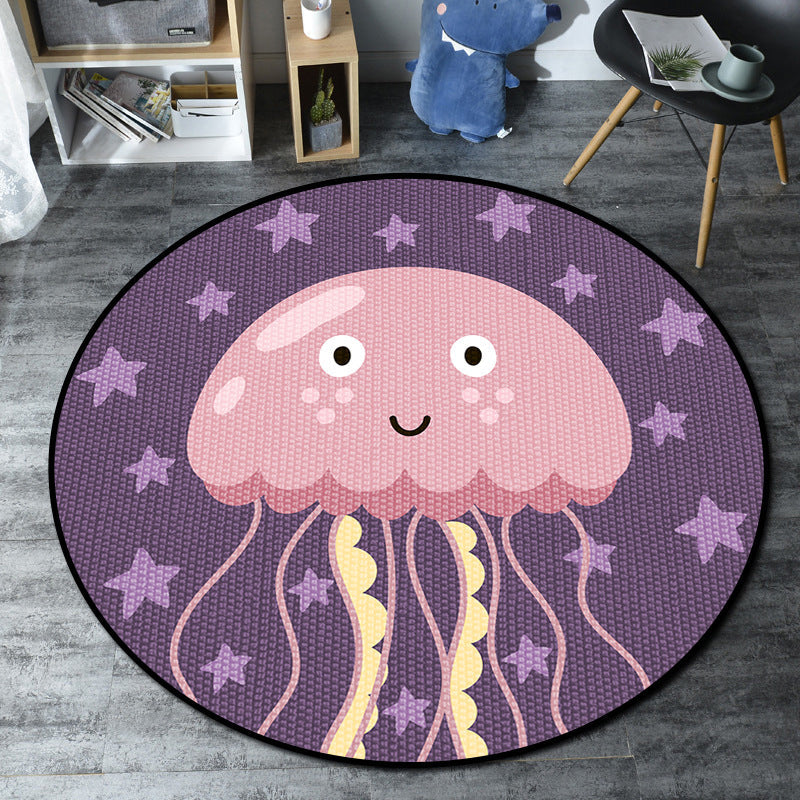 Skorter | Cartoon Kids' Room Rug Multicolored Sea Creatures Rug Synthetic Non-Slip Stain Resistant Washable Rug