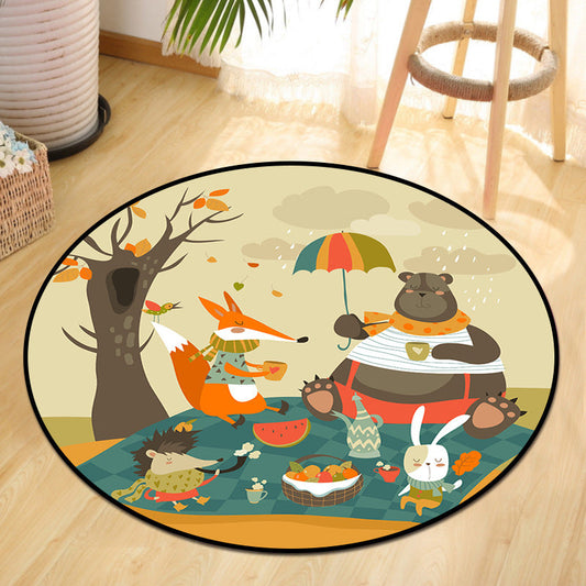 Skorter | Cute Animal Picnic Drawing Carpet Multi-Color Children's Art Carpet Synthetic Non-Slip Machine Washable Stain Resistant Carpet for Children's Room