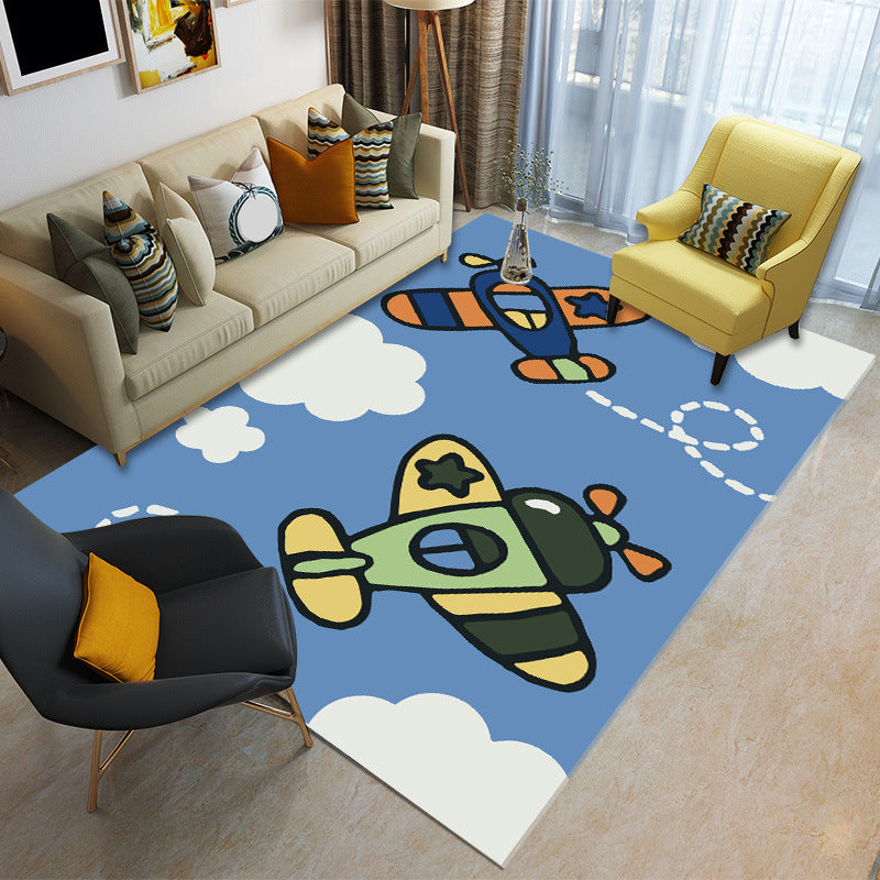 Skorter | Cartoon Boys Bedroom Rug Multicolored Spaceship Pattern Rug Polyester Stain Resistant Non-Slip Back Pet Friendly Rug