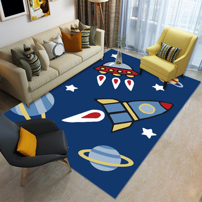 Skorter | Cartoon Boys Bedroom Rug Multicolored Spaceship Pattern Rug Polyester Stain Resistant Non-Slip Back Pet Friendly Rug