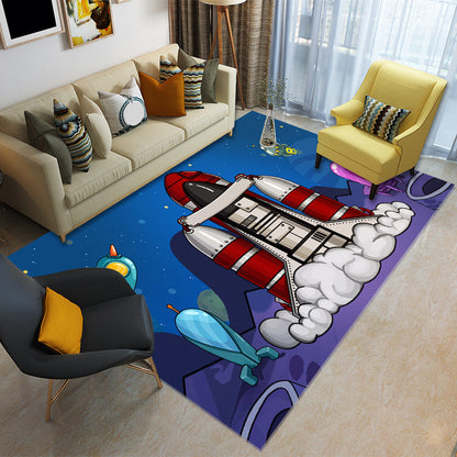 Skorter | Cartoon Boys Bedroom Rug Multicolored Spaceship Pattern Rug Polyester Stain Resistant Non-Slip Back Pet Friendly Rug