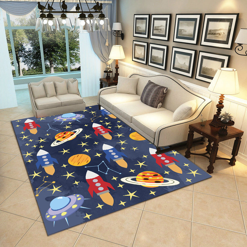 Skorter | Cartoon Boys Bedroom Rug Multicolored Spaceship Pattern Rug Polyester Stain Resistant Non-Slip Back Pet Friendly Rug