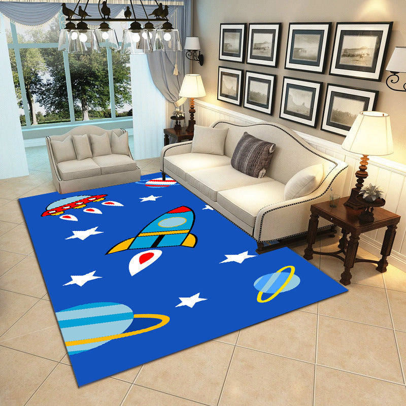 Skorter | Cartoon Boys Bedroom Rug Multicolored Spaceship Pattern Rug Polyester Stain Resistant Non-Slip Back Pet Friendly Rug