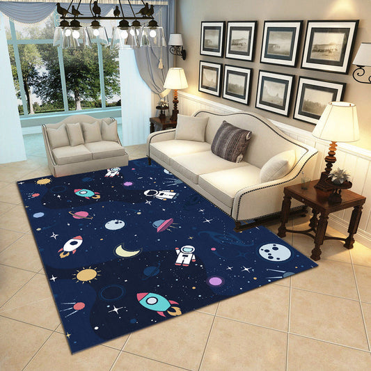 Skorter | Cartoon Boys Bedroom Rug Multicolored Spaceship Pattern Rug Polyester Stain Resistant Non-Slip Back Pet Friendly Rug