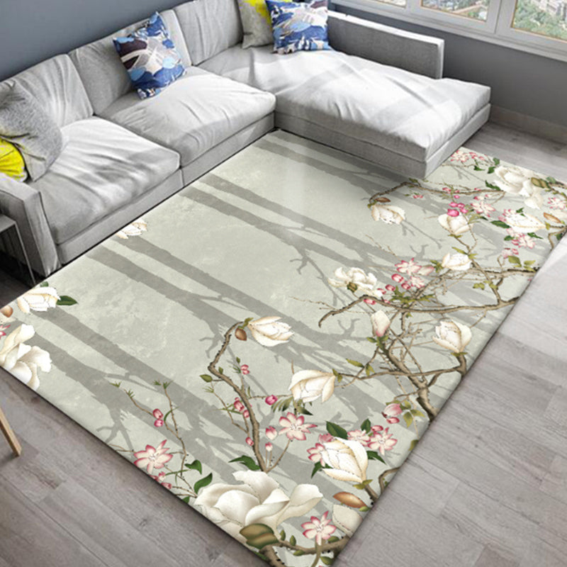 Skorter | Chic Oriental Rug Polyester Flower Botanical Rug Non-slip Machine Washable Pet-friendly Carpet for Living Room