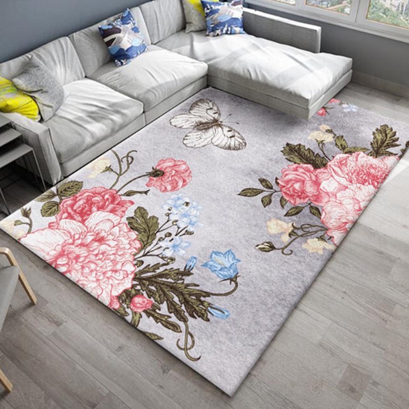 Skorter | Chic Oriental Rug Polyester Flower Botanical Rug Non-slip Machine Washable Pet-friendly Carpet for Living Room