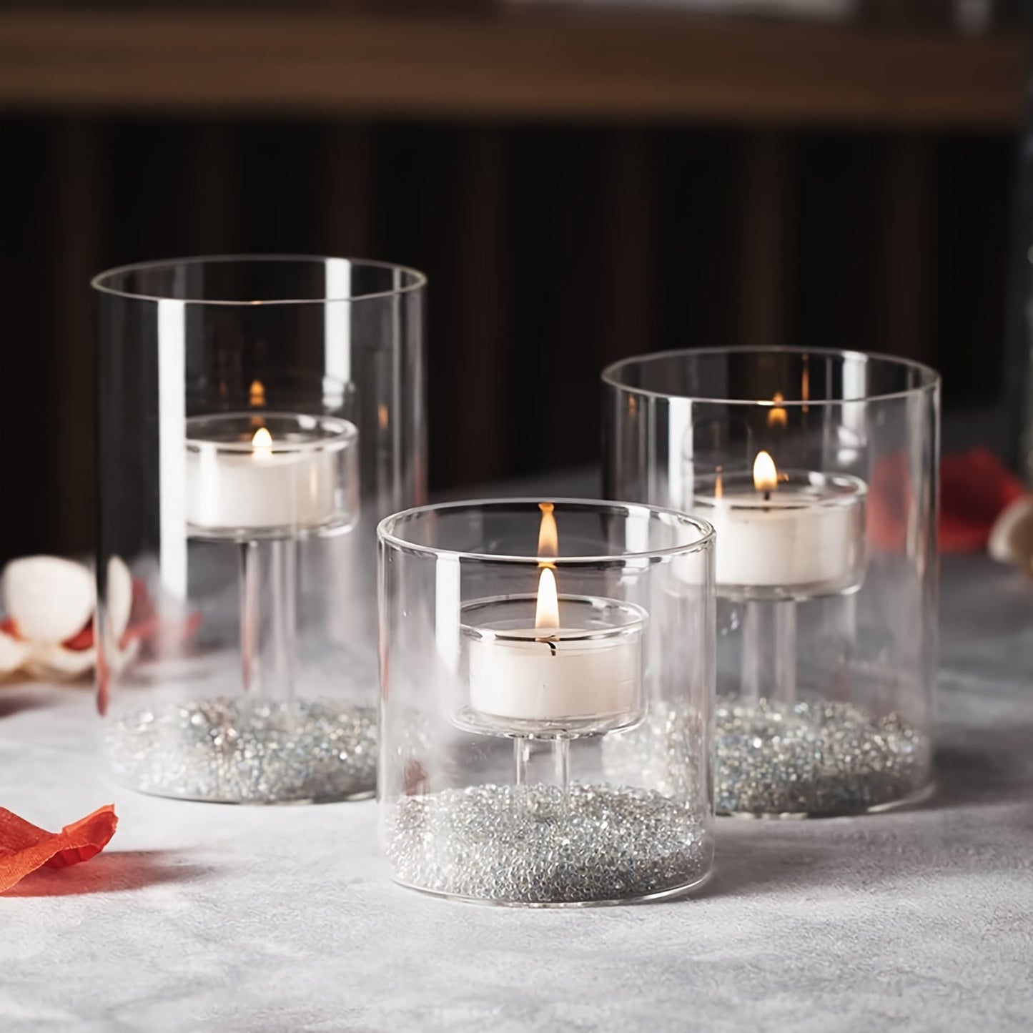 Skorter | 3-piece cylindrical glass candle holder set – Transparent hurricane candle holders for table decoration, weddings, and home decoration