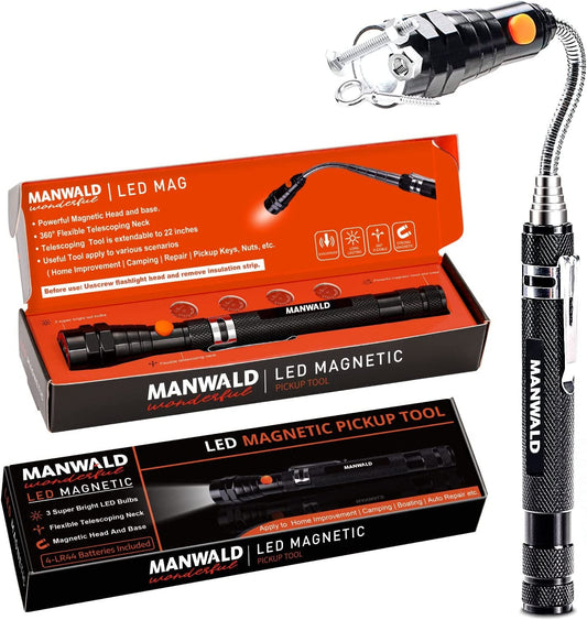 Skorter | Telescoping Magnetic Pickup Tool, LED Magnetic Flashlights with Extending Magnetic Rod, Birthday Gifts for Men, Father, Spouse, Craftsman, and Mechanic, Black