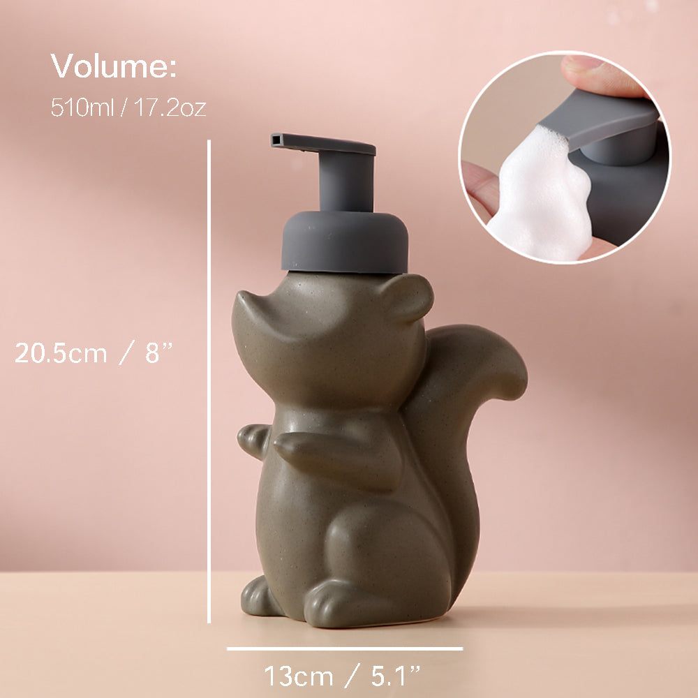 Skorter | Ceramic Soap Dispenser, Squirrel Foam Pump Bathroom Bottle, Animal Design, Refillable Reusable Lotion Pump for Bathroom Kitchen, 510ml/17.2oz