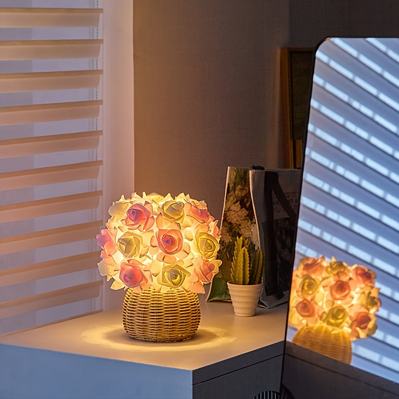 Skorter | FloraGlow - Art Deco USB Rose Table Lamp with Polished Base and Light Bulb