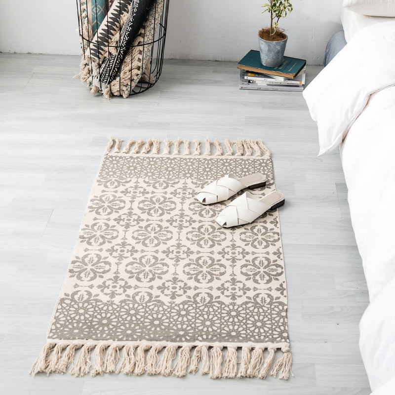 Skorter | Ethnic geometric pattern rug Multi-color cotton blend area rug machine washable handwoven rug with fringes for room