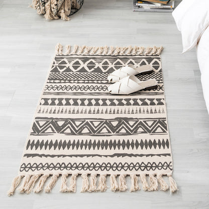 Skorter | Ethnic geometric pattern rug Multi-color cotton blend area rug machine washable handwoven rug with fringes for room