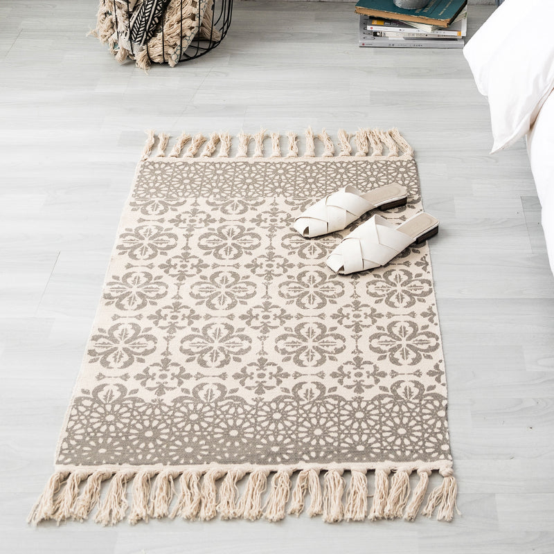 Skorter | Ethnic geometric pattern rug Multi-color cotton blend area rug machine washable handwoven rug with fringes for room